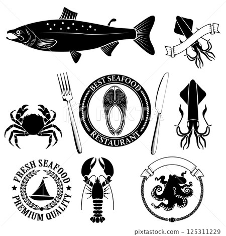 Collection of nautical labels, seafood illustrations and designed elements in vector. Emblem, label or badge template. 125311229
