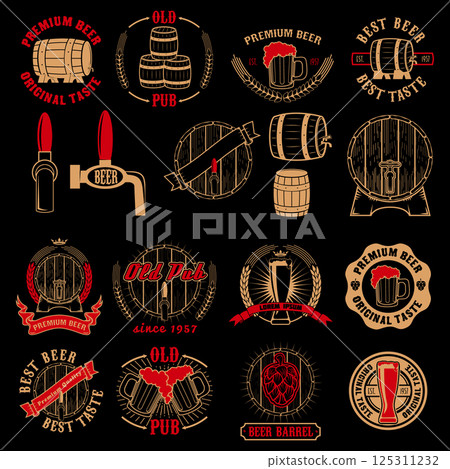 Set of beer labels design elements on grunge background. Design element for logo, label, emblem, badge, sign, poster. Set of beer labels design elements on grunge background. Design element for logo, label, emblem, badge, sign, poster. 125311232