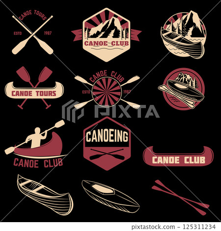 Set of canoe club labels, badges and design elements. Canoe sport. Canoe icon. Vector design elements. Set of canoe club labels, badges and design elements. Canoe sport. Canoe icon. Vector design elements. 125311234