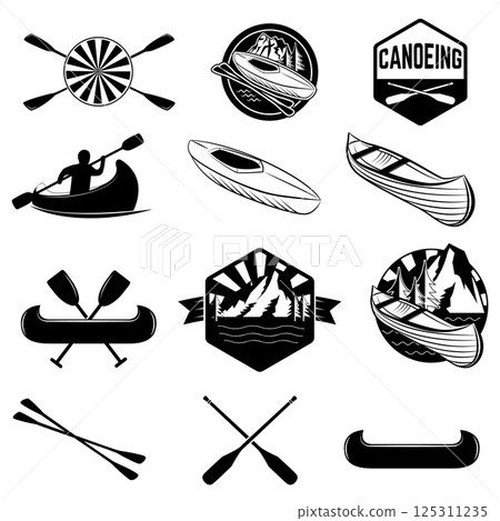 Set of canoeing labels and design elements. kayak labels. Rafting. Vector design elements for label, logo, emblem. Vector illustration. Set of canoeing labels and design elements. kayak labels. Rafting. Vector design elements for label, logo, emblem. Vector illustration. 125311235