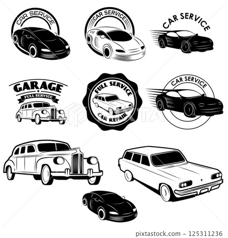Set of car service labels. Set of vintage cars icons. Design elements for logo, label, badge, emblem. Design elements in vector. 125311236