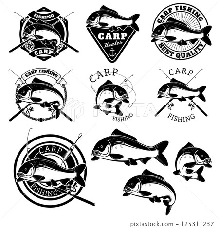 Set of carp fishing labels. Design elements for label, emblem for fishing club. Vector illustration. 125311237