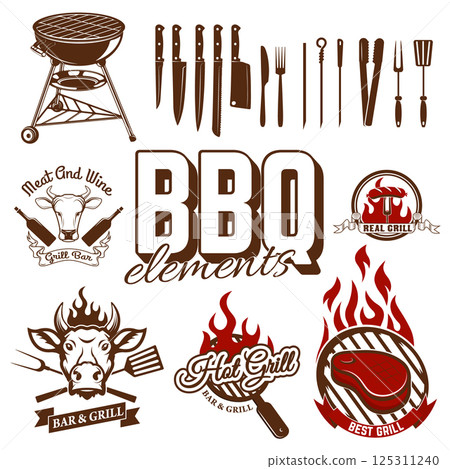 Set of design elements for bbq and grill labels. Set of kitchen tools. Vector illustration. Set of design elements for bbq and grill labels. Set of kitchen tools. Vector illustration. 125311240
