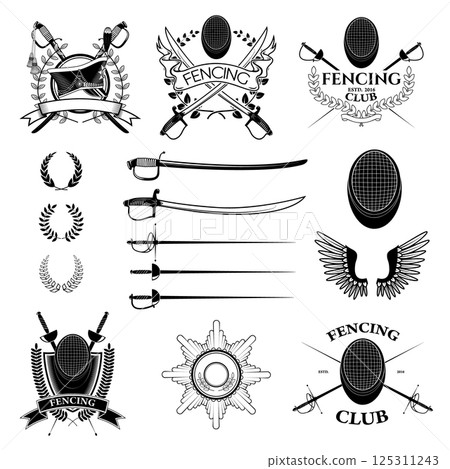 Set of fencing club labels, emblems, badges templates and design elements. Set of vector wreaths, ancient weapon, hussar cap. Vector illustration. Set of fencing club labels, emblems, badges templates and design elements. Set of vector wreaths, ancient weapon, hussar cap. Vector illustration. 125311243