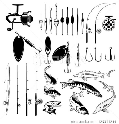 Set of fishing tools, river fish icons, equipment for fishing. Design element for logo, label, emblem, sign, badge, flyer. Vector illustration. 125311244