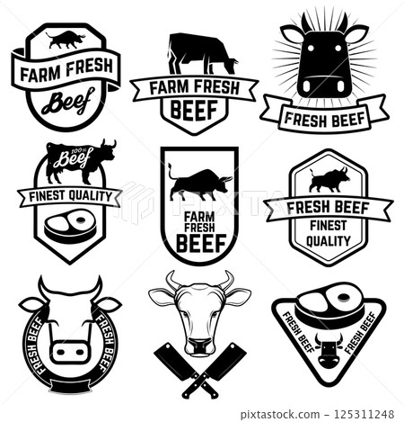 Set of fresh beef labels. Butchery shop emblems. Design elements for labels, badges, emblems, signs. Vector illustration. Set of fresh beef labels. Butchery shop emblems. Design elements for labels, badges, emblems, signs. Vector illustration. 125311248