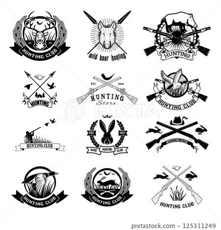 Set of hunting labels, emblems and design elements. Duck hunting. Hare hunting. Deer hunting. Wild boar hunting. Vector design elements. 125311249