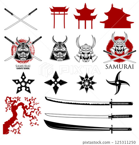 Set of karate school labels, emblems and design elements. Katana sword fight school.  Vector illustration. 125311250