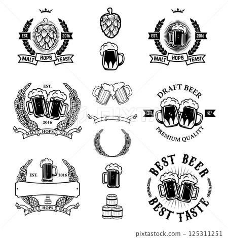 Set of labels templates with beer mug isolated on white background. Design element for logo, label, emblem, sign. Vector illustration. Set of labels templates with beer mug isolated on white background. Design element for logo, label, emblem, sign. Vector illustration. 125311251
