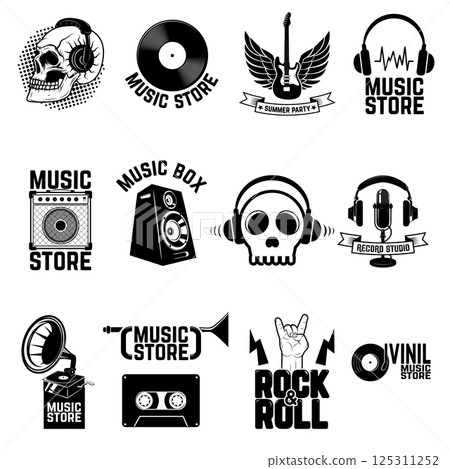 Set of  party, festival, music store labels. Design elements for logo, label, emblem, sign, badge. Vector illustration 125311252