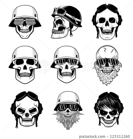 Set of skulls in motorcycle helmets. Design elements for logo, label, emblem, sign, badge. Vector illustrations. 125311260