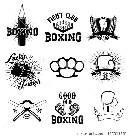 Set of the boxing club labels, emblems and design elements. Design elements for logo, label, emblem, insignia, sign, identity, logotype, poster. Boxing club Set of the boxing club labels, emblems and design elements. Design elements for logo, label, emblem, insignia, sign, identity, logotype, poster. Boxing club 125311261
