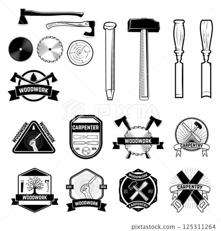 Set of the carpentry labels and emblems. Woodworks. Retro vector design graphic element, emblem, logo, insignia, sign, identity, logotype, poster. Set of the carpentry labels and emblems. Woodworks. Retro vector design graphic element, emblem, logo, insignia, sign, identity, logotype, poster. 125311264