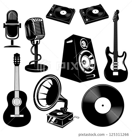 Set of the music instruments. Microphones, speakers, guitars, Dj equipment. Elements for logo, label, emblem, sign, badge.  Design elements in vector. 125311266