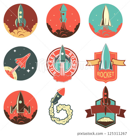 Set of labels with rockets. Rocket launch. Vintage rocket ships. Vector design element for emblem, logo, insignia, sign, identity, poster. Set of labels with rockets. Rocket launch. Vintage rocket ships. Vector design element for emblem, logo, insignia, sign, identity, poster. 125311267