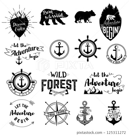 Big Set of the Camping, outdoor labels and design elements. Retro vector design graphic element, emblem, logo, insignia, sign, identity, logotype, poster. Vector illustration. 125311272