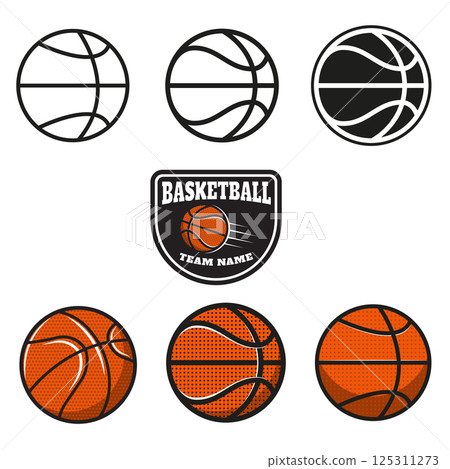 Set of  basketball labels and logos and design elements for basketball teams, tournaments, championships isolated on white background. Design element in vector. 125311273