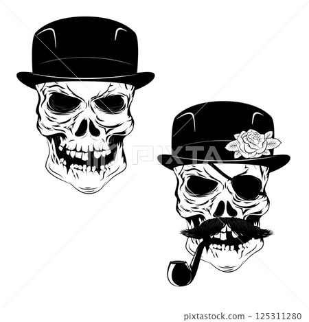 smoking skull with a mustache and a hat. Death day. Vector illustration. smoking skull with a mustache and a hat. Death day. Vector illustration. 125311280