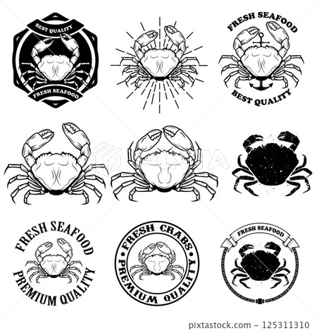 Set of crabs labels, badges and emblems and design elements. Finest crab meat. Fresh seafood. Design elements in vector. Set of crabs labels, badges and emblems and design elements. Finest crab meat. Fresh seafood. Design elements in vector. 125311310