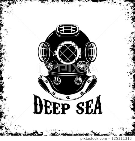 Deep Sea. Old style diver helmet on grunge background. Design element for t-shirt print, poster, emblem. Vector illustration. 125311313