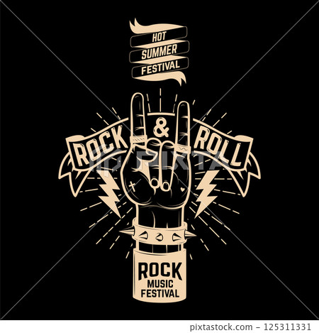 Hot summer festival. Human hand with rock and roll sign. Rock music festival. Design element for poster, flyer, emblem, logo, sign. Vector illustration. Hot summer festival. Human hand with rock and roll sign. Rock music festival. Design element for poster, flyer, emblem, logo, sign. Vector illustration. 125311331