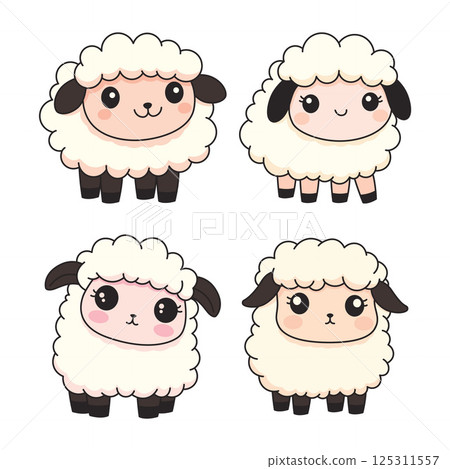 Set of Cute White Sheep Lamb Farm Animal Mascot Cartoon Character with Happy Expression 125311557