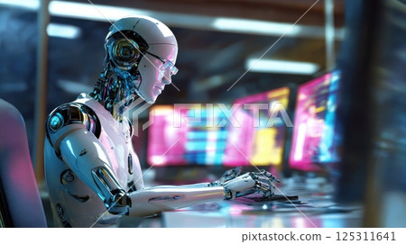 A sophisticated robotic assistant is engaged in programming tasks within a modern digital workspace. Bright screens display lines of code and colorful graphics, casting an ambient glow around the room 125311641