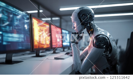 A robotic figure is seated at a sleek desk in a contemporary tech workspace, surrounded by multiple glowing screens displaying complex data and graphics. The figure appears thoughtful, with one hand 125311642