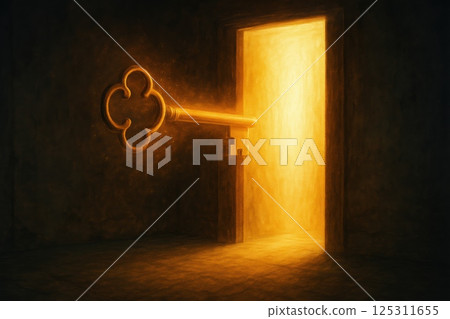 A large, ornate golden key protrudes from an ancient wooden door, glowing with a warm light that spills into the dark surroundings. The door stands slightly ajar, revealing a radiant interior that 125311655