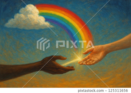 Two hands extend toward one another, highlighting the beauty of connection and understanding. One hand, darker in tone, reaches out to meet a lighter hand, both illuminated by a gentle glow. A vibrant 125311656