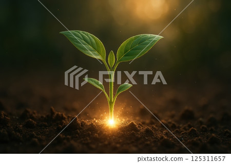 A small green plant emerges from rich brown soil, its two delicate leaves reaching upward toward the bright sunlight filtering through a blurred green background. The ground around its base glows with 125311657