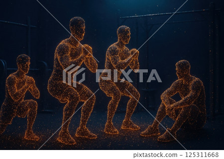 A digital representation captures the essence of fitness through glowing figures engaged in squats, highlighting various stages of the movement. The environment features a dark background that 125311668