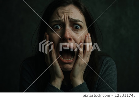 Caught in a moment of intense fear, a young woman sits in a dimly lit room with her hands on her face, mouth open in a silent scream. Her wide eyes reflect panic and despair, surrounded by shadows 125311743