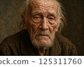 An elderly man sits in a muted, atmospheric environment, showcasing deep wrinkles and a weathered expression that conveys a sense of history and persistence. His hair is disheveled, and he wears a 125311760