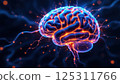 The visual features a detailed and vibrant 3D representation of a human brain. Neon blue and orange colors highlight intricate neural connections, creating a striking contrast against a dark 125311766