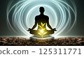 A peaceful silhouette of a person sits cross-legged against a backdrop of soft, glowing circles. This figure meditates in a tranquil environment, embodying calmness and focus. At the center, a vibrant 125311771