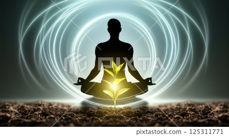A peaceful silhouette of a person sits cross-legged against a backdrop of soft, glowing circles. This figure meditates in a tranquil environment, embodying calmness and focus. At the center, a vibrant 125311771