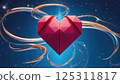 An intricately designed origami heart takes center stage, crafted from bright pink paper. It stands out against a mesmerizing cosmic backdrop filled with swirling golden lines and deep blue shades 125311817
