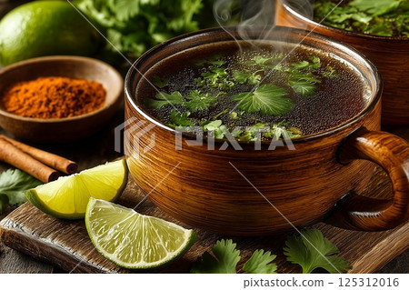Aromatic Herbal Tea Served with Fresh Lime and Cilantro 125312016