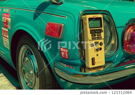 Retro Charm: A Vintage Car with a Retro Radio in Its Tailgate 125312064