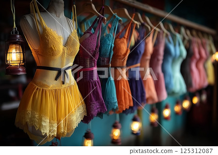 Vibrant Display of Colorful Lingerie on Mannequins in a Cozy Shop Setting 125312087