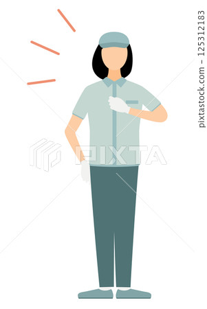 A simple illustration of a female worker wearing a hat hitting her chest A simple illustration of a female worker wearing a hat hitting her chest 125312183