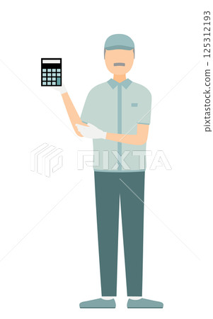 A simple illustration of a senior male worker wearing a hat showing a budget and estimate 125312193
