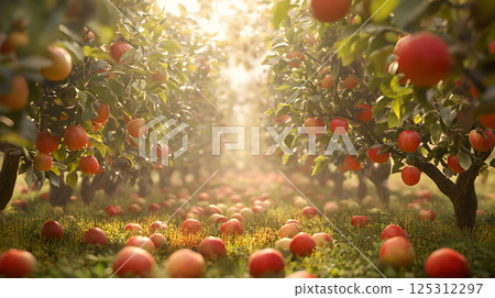 Organic apple orchard trees full of ripe apples 125312297