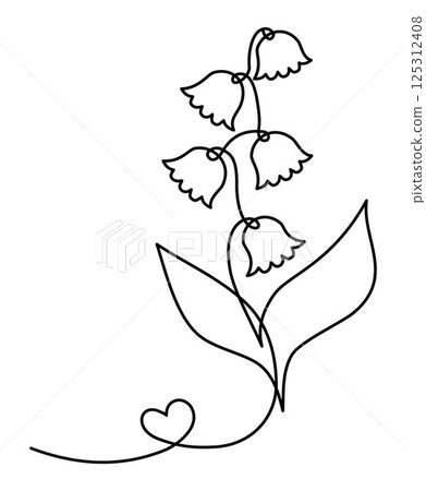 Flower Lily of the Valley with heart in One Continuous Line Art Drawing. Minimalist Floral Vector Illustration. Monoline. Editable stroke Flower Lily of the Valley with heart in One Continuous Line Art Drawing. Minimalist Floral Vector Illustration. Monoline. Editable stroke 125312408
