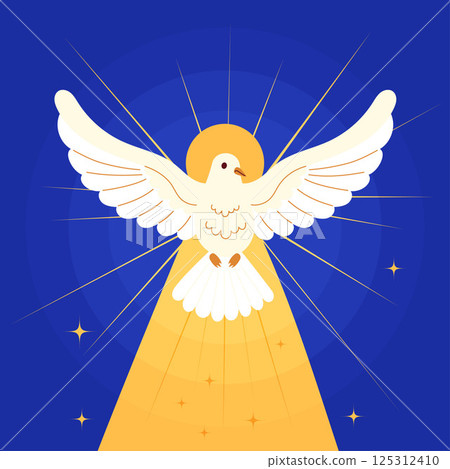 Pentecost Sunday Holy Spirit Banner. White Dove with Halo and Divine Light on Blue Background. Catholic or Christian Religious Culture Holiday. Square Poster for Biblical Series. Vector Illustration 125312410