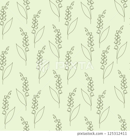 Seamless Pattern Flower Lily of the Valley on Green Background. One Continuous Line Drawing. Spring May bells. Minimalist Elegant floral Simple Linear template. Vector Illustration 125312411