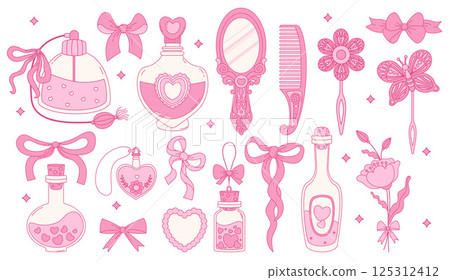 Vintage Pink Coquette Beauty set. Magic Elixir, Bottle Perfume, Ribbon Bow, Mirror, Comb, Flower, Pendant, Heart and Hair Clip. Romantic Girly Vibe. Vector Isolated Trendy Aesthetic Element Accessory 125312412