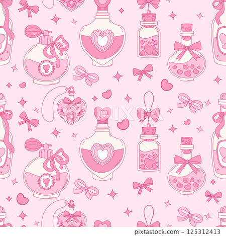 Vintage  Seamless Pattern. Coquette Magic Bottles and Perfume with Ribbon Bow on Pink Background. Romantic Girly Vibe. Trendy aesthetic backdrop template. Vector illustration 125312413