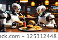 Two humanoid robots sit at a wooden table in a lively diner, engaged in a meal of hamburgers and fries. They are equipped with expressive eyes and antennas, giving them a friendly appearance. The 125312448